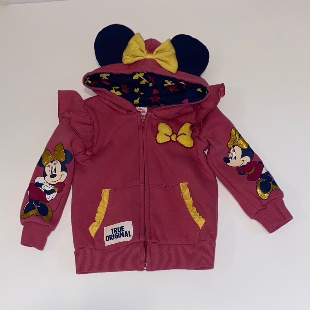 Disney Girls Minnie Mouse Raspberry Pink & Yellow Hooded Zip Sweatshirt